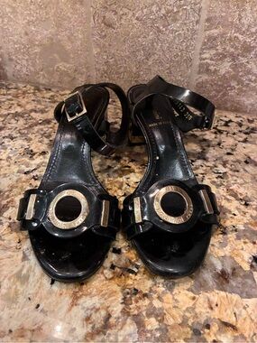 Baldinini Black Patent Leather Womens Sandals with Gold Accent